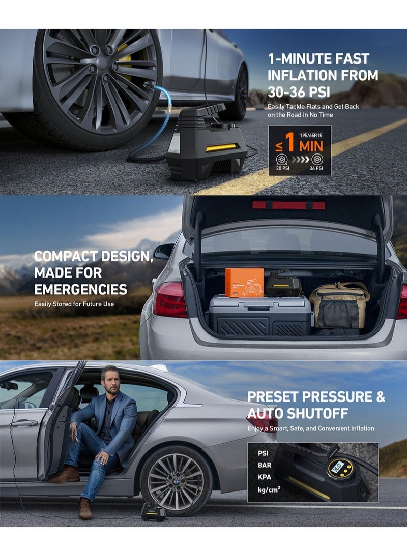 EzzySo Tyre Inflator Air Compressor 12V, Portable Electric Car Tyre Pump with Tyre Pressure Gauge, Auto-Stop Air Pump with Valve Adaptors and LED Light, Car Accessories for Gifts - Image 2